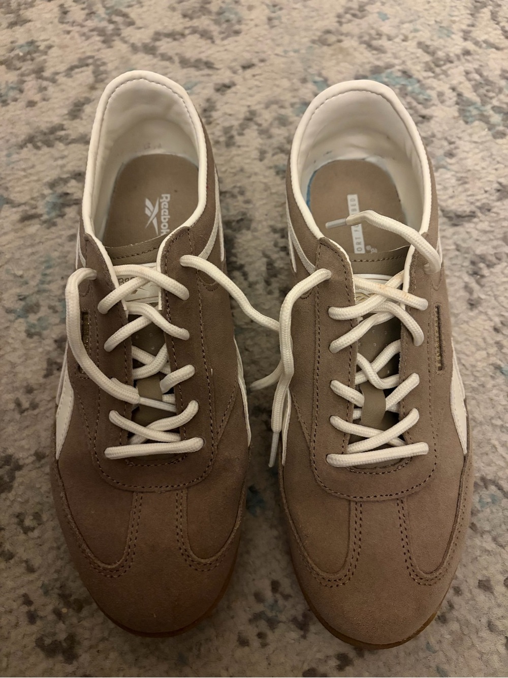 Reebok women’s Suede Low-Top Sneakers in Taupe and White
